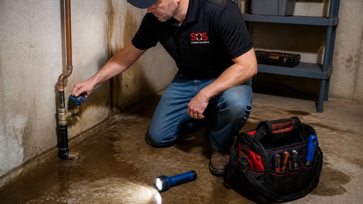 Homeowner kneeling in a basement using a flashlight to locate the main shutoff valve for water mitigation response.