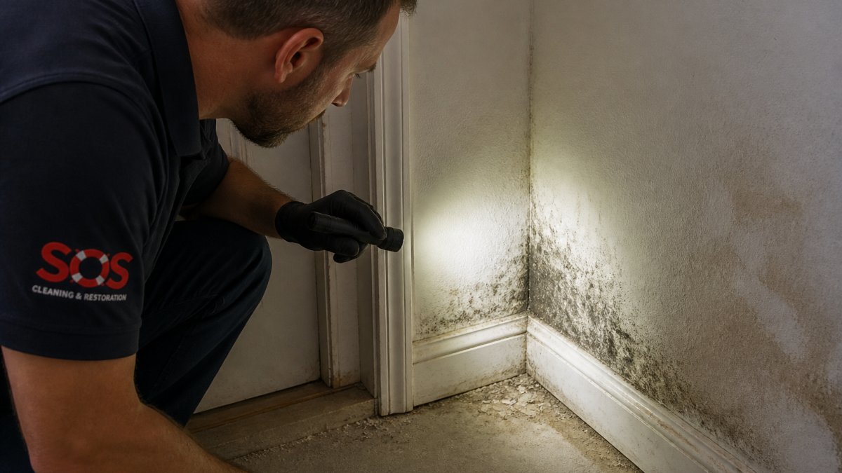 Homeowner using a flashlight to inspect walls for hidden mold after flooding in a dark corner of the house.