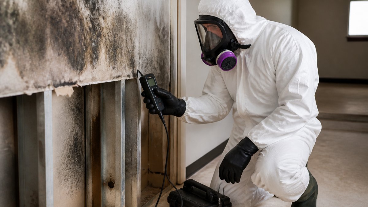Professional remediation specialist in full protective gear using specialized moisture detection equipment to assess mold-affected drywall in commercial building interior