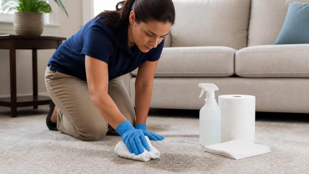 Person kneeling on a carpet blotting a pet stain to learn how to remove pet stains from carpet effectively.
