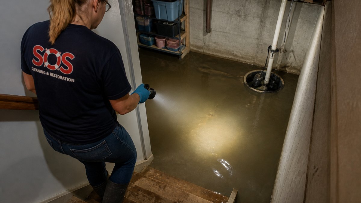 A homeowner in rubber boots and gloves standing at the top of basement stairs, shining a flashlight down at shallow standing water covering the floor, with a sump pump pit visible in the corner