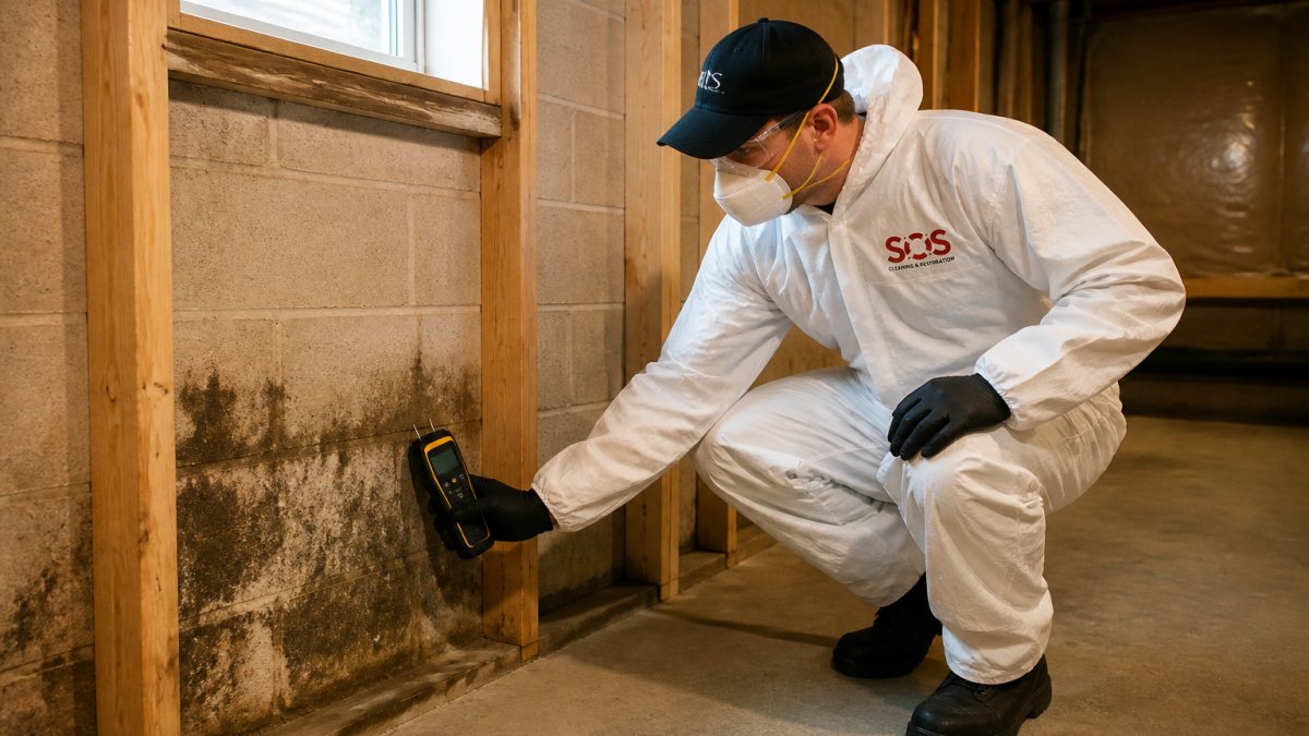 A restoration technician in protective gear using a moisture meter on a water-damaged basement wall inside a suburban home, with drying equipment visible in the background