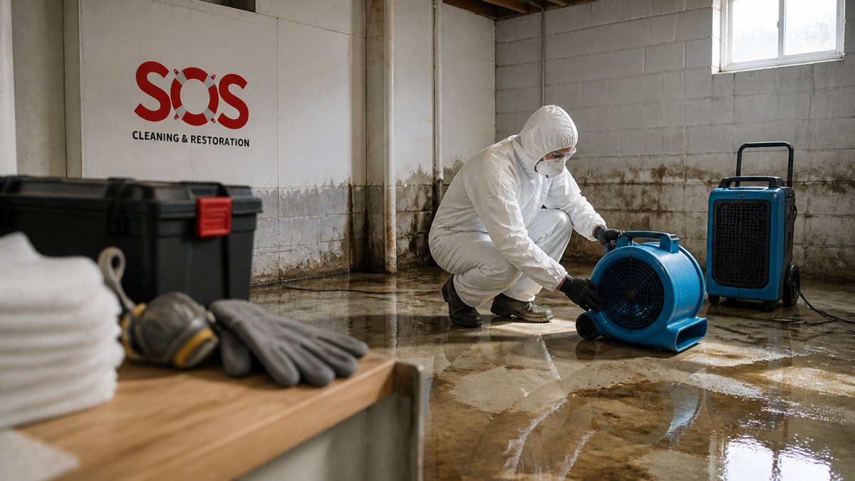 A restoration technician in protective gear using a commercial air mover and dehumidifier in a flooded basement, with visible water stains on the floor and walls