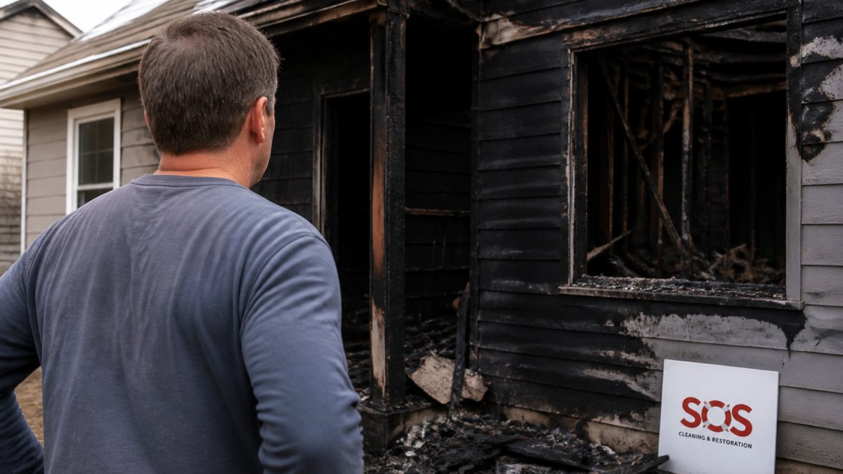 Homeowner standing outside their residence after a fire with visible smoke damage and charred exterior, looking at their property with concern and assessing the damage
