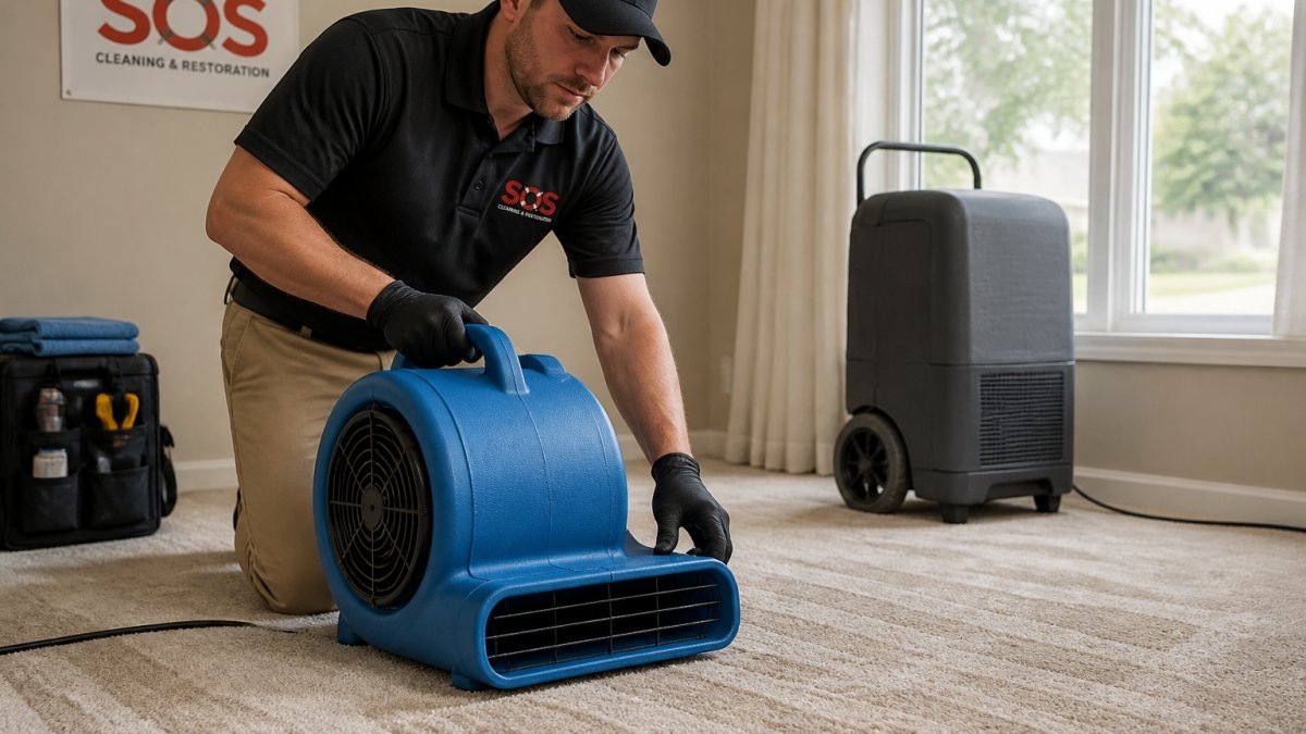 Technician using a high-velocity air mover to dry carpet quickly in a sunlit room with a dehumidifier nearby.